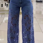 Women's Mid Waist Buttoned Lace Patchwork Jeans