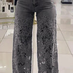 Women's Mid Waist Buttoned Lace Patchwork Jeans