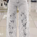 Women's Mid Waist Buttoned Lace Patchwork Jeans