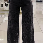 Women's Mid Waist Buttoned Lace Patchwork Jeans
