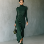 Women's Dark Green High-elastic Knitted High-neck Wrap Dress Midi Dress