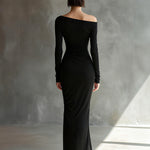 Women's Black Elegant Jersey Off - Shoulder Ruched Slit Maxi Dress