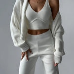 🔥(Limited 2 Days & Lowest Price) Chic V-neck Knitted Three-piece Set Crop Vest and Sweater Cardigan & Solid Wide Leg Pants