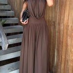 Lightweight Chic Metal Ring Drape Cowl Halter Neck Bodysuit and Elastic Waist Wide Leg Pants Set