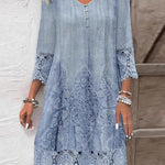 A-Line Long Sleeves Flower-Embellished Buttoned Contrast Color Split-Joint V-Neck Midi Dresses