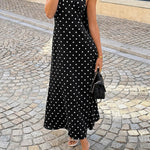 A-Line High Waisted Backless Contrast Color Polka-Dot Split-Joint Halter-Neck Midi Dresses