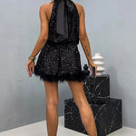 It's Time To Dance Sequin Feather Trim Halter Babydoll Mini Dress