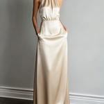 Women's Elegant Beige Satin Halter-neck Sleeveless Maxi Dress