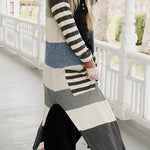 Striped Pockets Open Front Split Long Cardigan