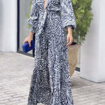 Loose Puff Sleeves Pleated Printed Split-Joint Deep V-Neck Jumpsuits
