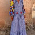 Red and white striped print long dress