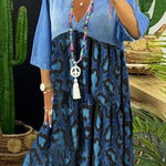 Ursime Vintage Leopard Denim Patchwork Raw Trim Maxi Dress