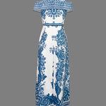 Bodycon High Waisted Flower Print Hollow Pockets Cold Shoulder Maxi Dresses