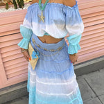 Fashionable Gradient Off Shoulder Long Sleeve Top and Resort Style Spliced Maxi Skirt Set
