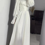 A-Line Long Sleeves Pleated Solid Color Tied Waist Zipper Mock Neck Maxi Dresses