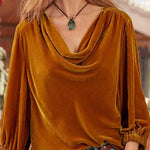 Solid gold velvet stacked collar pleated T-shirt