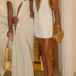 Cocktail Charm Sequin Colorblock Trim V-neck Sleeveless A-line Mini Dress