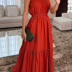 Solid Color One Shoulder Waist Tie Maxi Dress