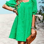 Loose Puff Sleeves Jacquard Solid Color Square-Neck Mini Dresses