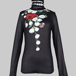 Long Sleeves Skinny Flower Print Split-Joint High Neck T-Shirts Tops