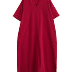 A-Line Loose Chinese Frog Buttons Pockets Solid Color Split-Side V-Neck Midi Dresses