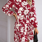 High Waisted Long Sleeves Flower Print Pleated Tied Waist Mock Neck Mini Dresses