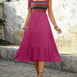 A-Line High Waisted Contrast Color Jacquard Pleated Split-Joint Adjustable Straps Midi Dresses