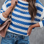 Fashion Loose Striped Hollow Crew Neck Knit Sweater