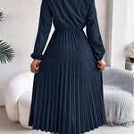 Elasticated Waist High Waisted Pleated Solid Color V-Neck Midi Dresses