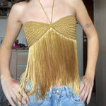 Boho Style Handmake Knit Patchwork Tassel Hem Thin Straps Loose Tank