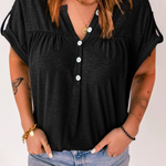 Solid Button V Neck Short Sleeve Top