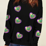 Black Mardi Gras Heart Print Crew Neck Sweatshirt