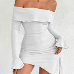 Bodycon High Waisted Asymmetric Drawstring Pleated Solid Color Split-Joint Off-The-Shoulder Mini Dresses