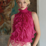 Ruffled High-Neck Sleeveless Chiffon Blouse