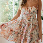 A-Line Loose Flower Print Layered Pleated Split-Joint Tied Spaghetti-Neck Mini Dresses