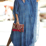 Batwing Sleeves Half Sleeves Buttoned Pockets Striped Round-Neck Beach Cover-Up Maxi Dresses