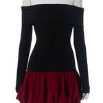 High Waisted Long Sleeves Contrast Color Pleated Split-Joint Off-The-Shoulder Mini Dresses