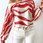 Long Sleeves Loose Asymmetric Striped One-Shoulder Blouses&Shirts Tops