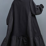 Loose Puff Sleeves Pleated Solid Color Split-Joint Round-neck Midi Dresses