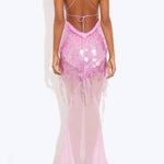 Deep V Neck Sequins Fishtail Hem Backless Gowns Slip Maxi Dresses-Yellow