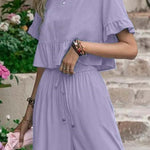 Casual loose solid color short-sleeved wide-leg pants two-piece set