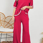 Lounge or Casual Wear Knit Patchwork Color Block Short Sleeve Top and Elastic Wide Leg Pants