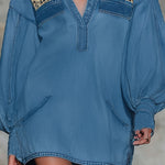 Lapel Collardenim And Leopard Print Patchwork Long-sleeved Mini Dress