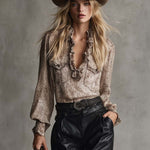 Vintage Western Ruffled V-neck Beige Leopard Print Suede Blouse Tops