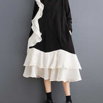 A-Line Long Sleeves Contrast Color Pockets Ruffle Trim Split-Joint V-Neck Midi Dresses