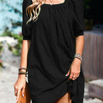 Loose Puff Sleeves Jacquard Solid Color Square-Neck Mini Dresses