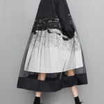 A-Line Long Sleeves Buttoned Gauze Printed Split-Joint Lapel Midi Dresses