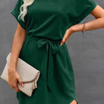 Loose Short Sleeves Solid Color Tied Waist Round-Neck Mini Dresses