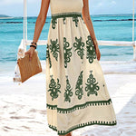 A-Line Loose Elasticity Pleated Printed Split-Joint Square-Neck Maxi Dresses