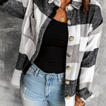 Grey Plaid Color Block Pockets Buttoned Shacket